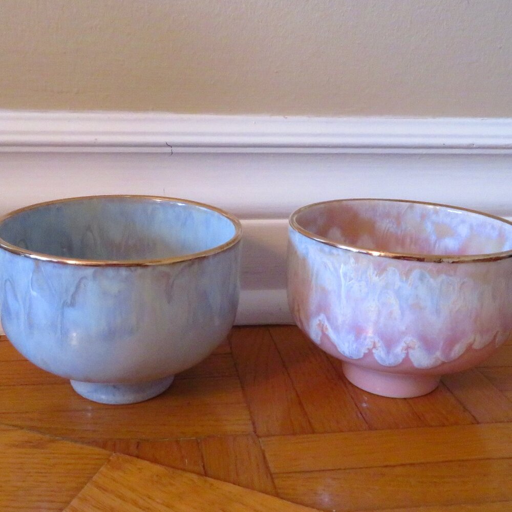 2 beautiful cup made in Portugal,ceramic dripping glaze, pink,blue trinket cont